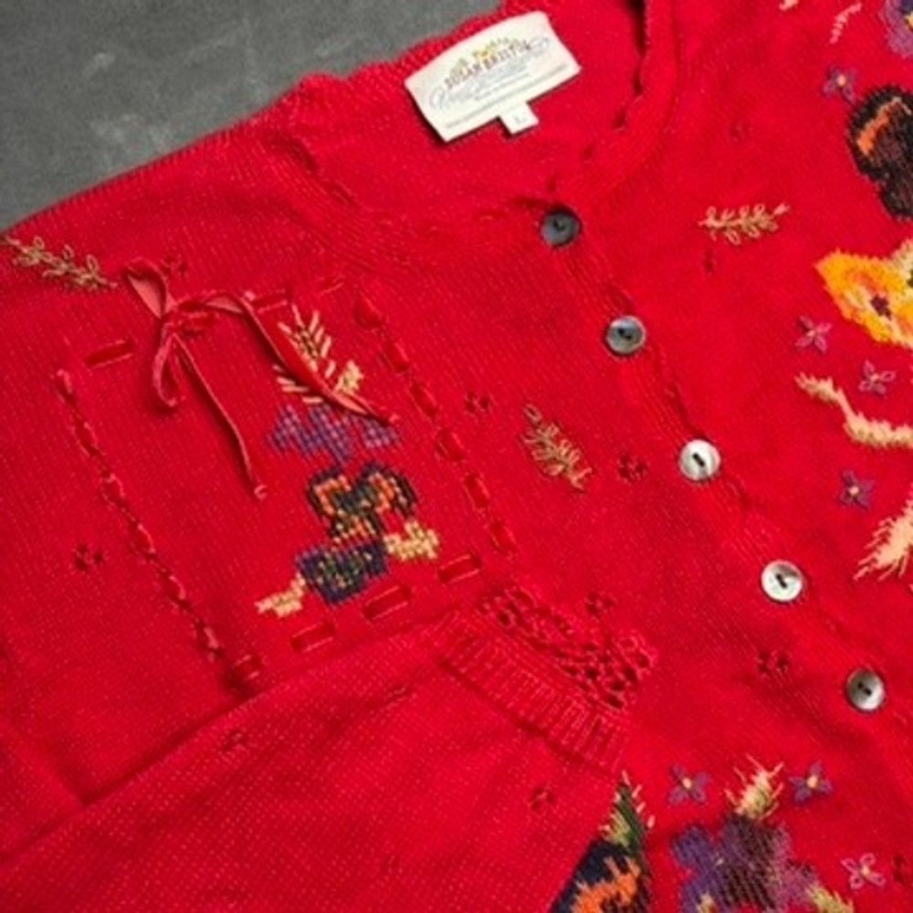 Susan Bristol Cardigan Sweater Womens L Red Hand Embroidered Floral Vintage 90s